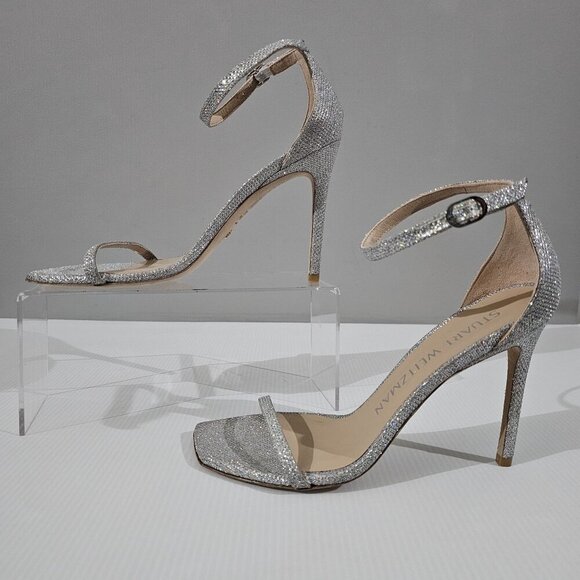 Stuart Weitzman Nudistcurve 100 Womens 8.5 Glam Glitter New Noir Strappy Sandal - Picture 2 of 14